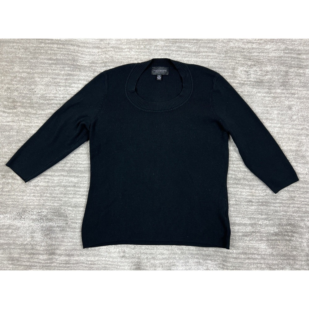 Investments Petites Sweater Women PM Black Scoop Neck 3/4 Sleeve Ribbed Trim Top